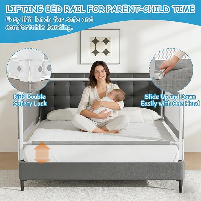 3-Pack Twin Size Bed Rails for Toddlers -Height Adjustable Baby Bed Rail Guard Specially Designed for Twin Size Bed (74.8"x74.8"x39"-Grey)