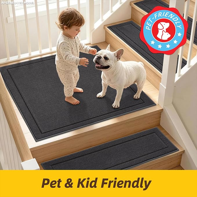 JSEI Non-Slip Stair Landing Rug Mat, 1-Pack 30" X 30", Dark Grey | Edging Stair Treads Corner Indoor Stair Runners for Wooden Steps for Kids and Dogs, 100% Polyester, TPE Backing