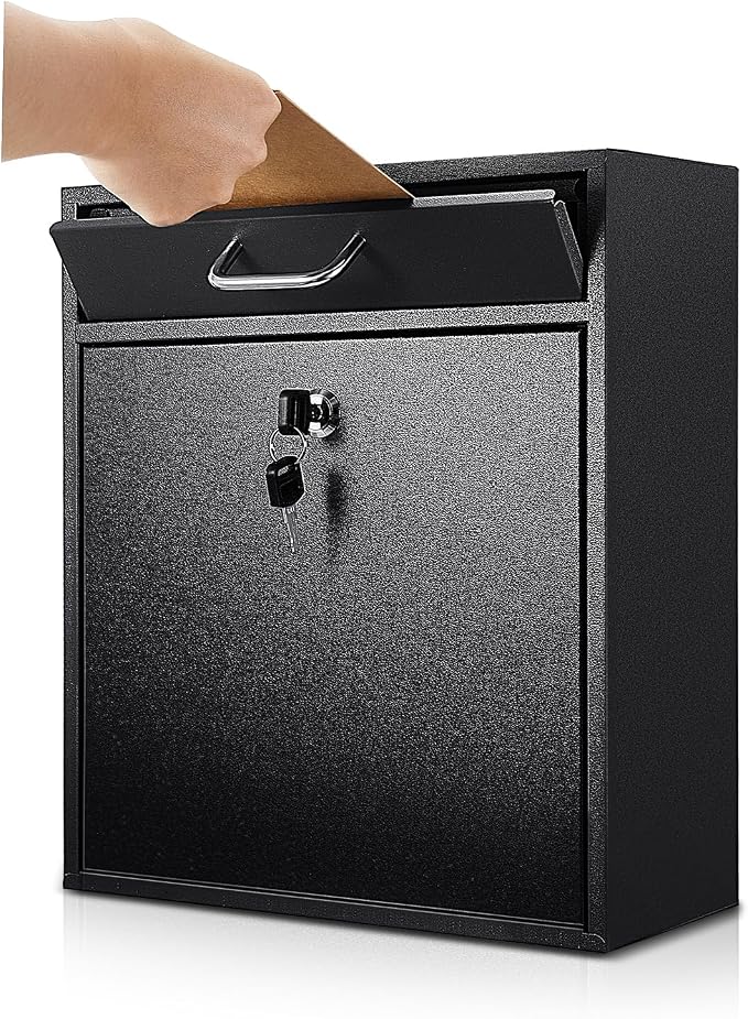 Yaocom Locking Mailbox with Key for Outdoor 12 x 10.5 x 4.7 Inches Large Wall Mount Mail Box with Lock Security Mail Drop Metal Collection Boxes Hanging Secure Postbox(Black)