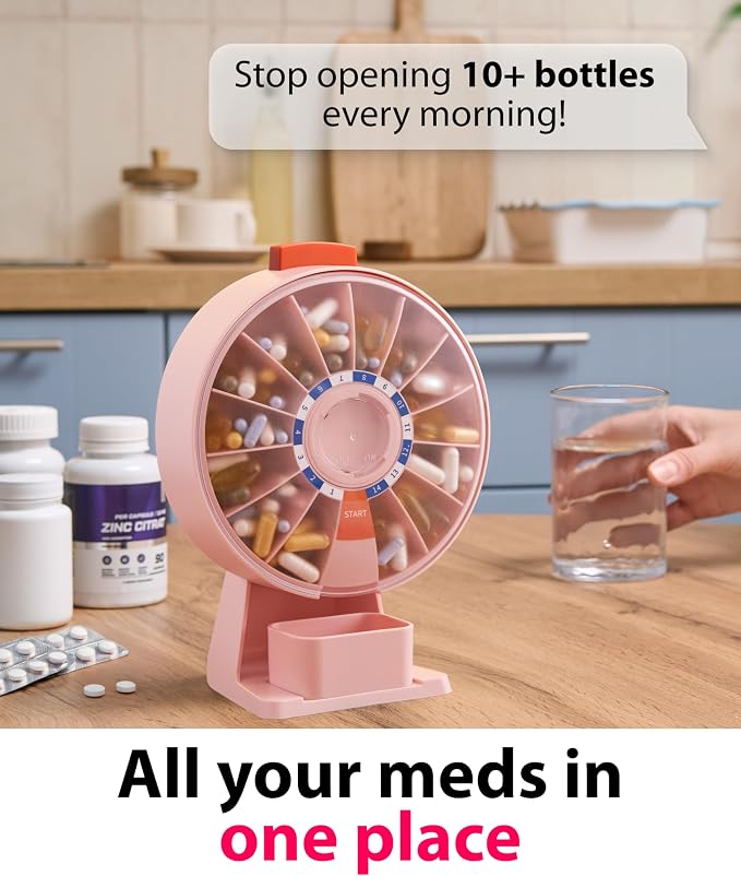 Pill Dispenser 14 Day – Rotating Medicine Organizer Wheel with Push Button, Wall Mounted or Desktop Manual Pill Dispenser for Elderly & Seniors, Large Capacity Vitamin & Medication Organizer