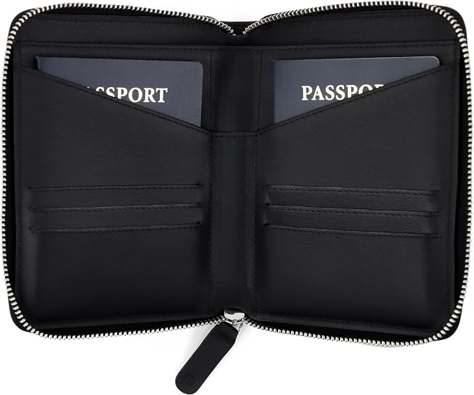 Full Grain Leather Passport Holder for 2 Passports - Dual Passport Holder and Travel Documents Organizer - RFID Travel Wallet for Couples - Black