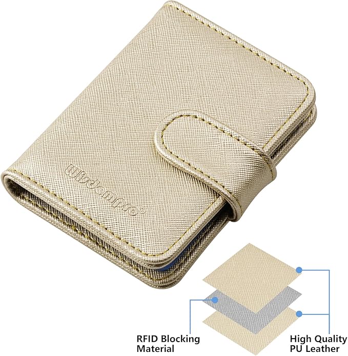 Wisdompro Credit Card Holder, RFID Blocking Wallet Debit Card Protector | Slim Leather Credit Card Organizer Case, Card Case with Magnetic Closure, 20 Card & 7 Memory Card Slots - Vertical Gold