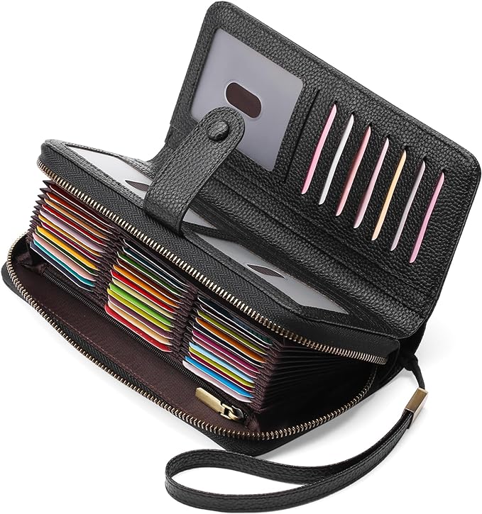 GAEKEAO Leather Credit Card Holder Wallet for Women RFID Blocking Large Capacity Bifold Zipper Card Case Organizer with Wristlet 45 Slots