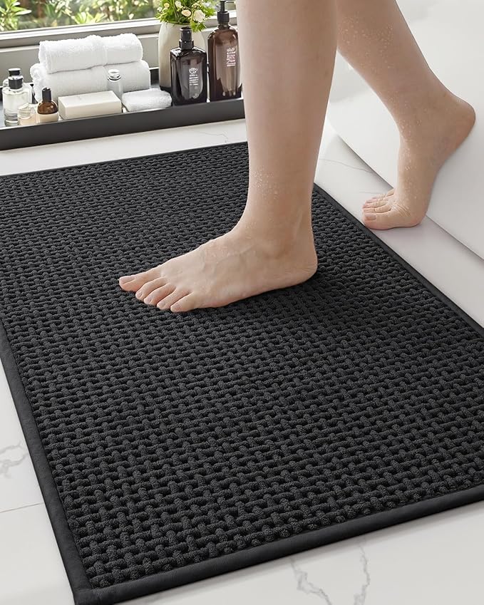 Color&Geometry Chenille Pile Bathroom Rugs Upgraded Denser, 17"x29.5" Non Slip Absorbent Black Bath Mats for Bathroom Thin Fit Under Door, Washable Quick Dry, Standard Sized