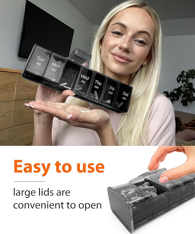 Extra Large Pill Organizer - XXL Vitamin Holder for Weekly Supplements - Double Sided Pill Box 7 Day with Big AM PM Compartments Huge Daily Medicine Dispenser 2 Times a Day Reliable and Easy-to-Use