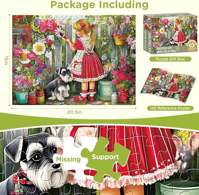 500 Pieces Puzzle for Adults, Beautiful Girl Jigsaw Puzzle, Cute Dog Garden Flowers Puzzle for Kids Adults Seniors, Recycled Cardboard Puzzle with Letters on Back, Fun Family Game Birthday Party Gift