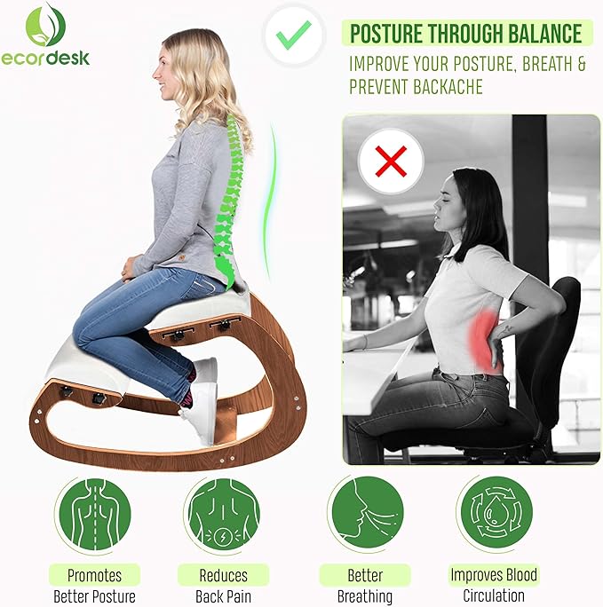 Ergonomic Kneeling Chair, Adjustable Seat - Office Chair for Desk, Posture Corrector, Premium Comfort Cushion, Wooden Rocking Knee Chair (Pecan)