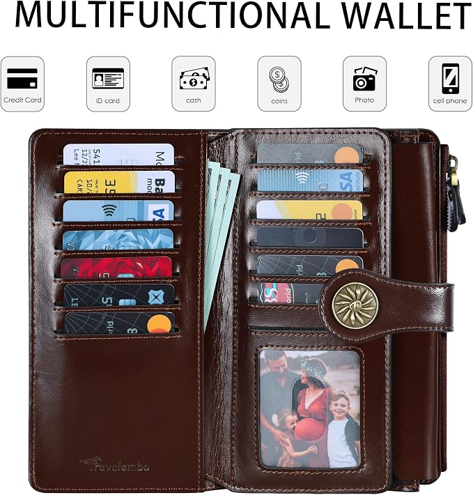 Travelambo Women's Wallet RFID Blocking Trifold Clutch Large Capacity Credit Card Holder Travel Purse
