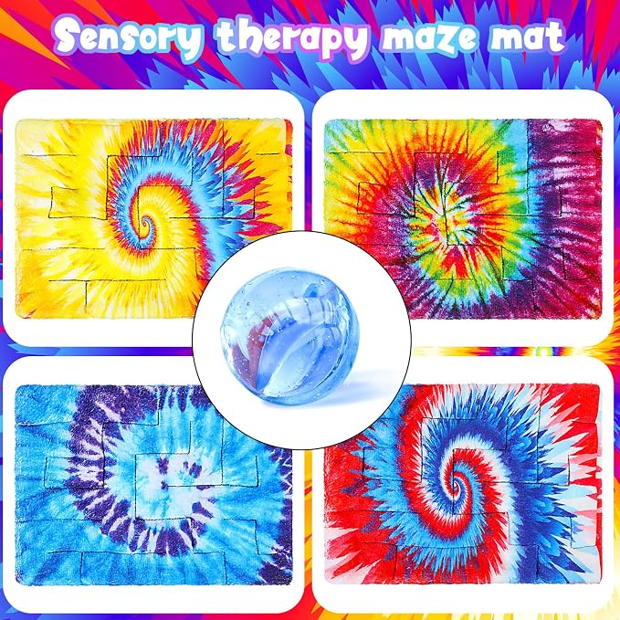 CHENGU 4 Pcs Marble Maze Mat Sensory Fidget Stress Relief Toys Calming Sensory Mat Anxiety Relief Fabric Toys for Teens Autism Calming Down Classroom Gifts Prizes(Tie Dye,8.66 x 6.3 in)