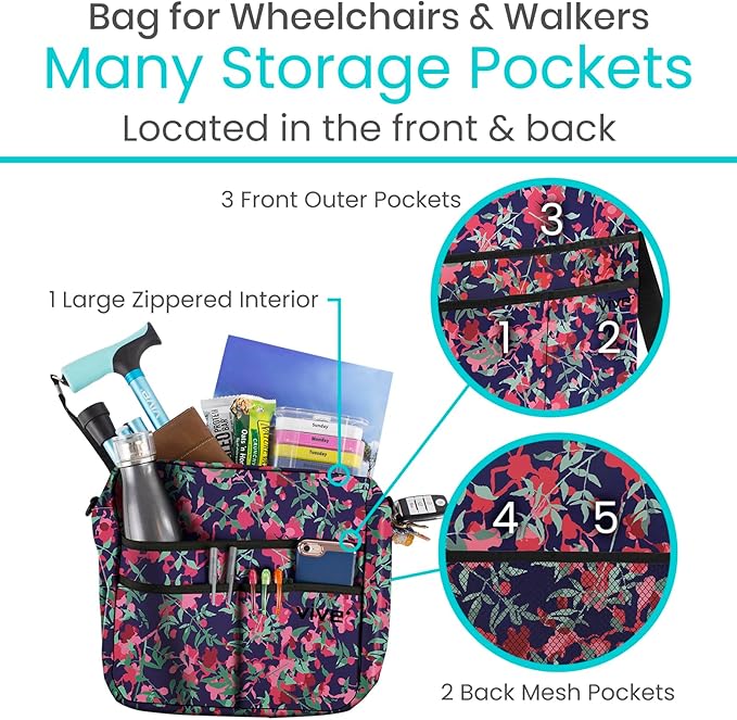 Vive Wheelchair Bag - Machine Washable, Double-Stitched, Water-Resistant Accessory Backpack for Rollators, Wheel Chairs, Walkers - Pouch with XL Pockets & Straps for Quick Installation