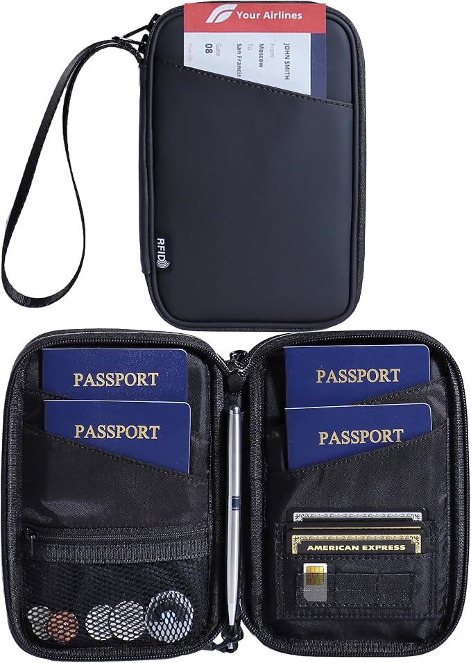 Lagre Family Passport Holder for 4, Solid Black | Multiple Passport Bag, RFID Blocking, Waterproof with Zipper, For Women & Men