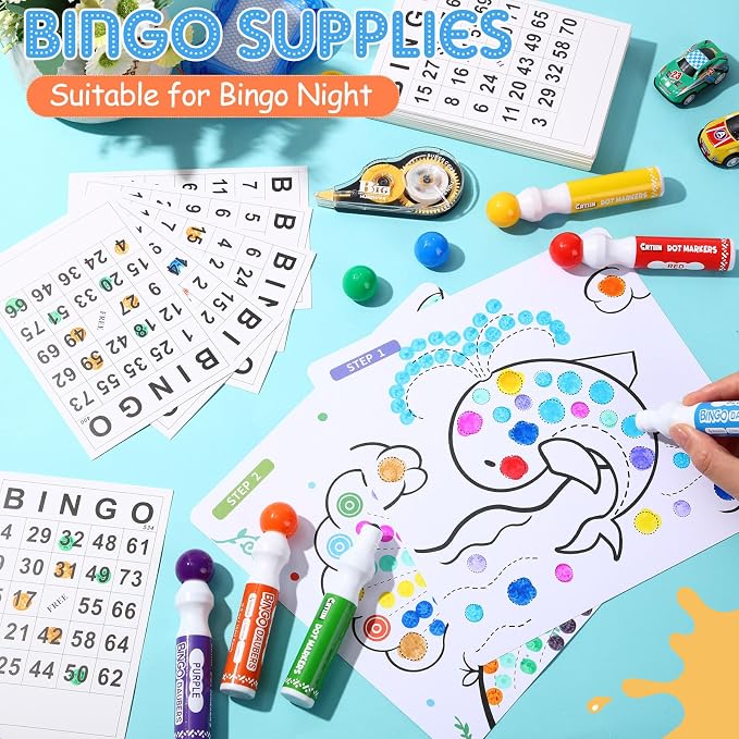 Crtiin 204 Pack Bingo Game Cards and Daubers Set Includes 180 Disposable Paper Game Sheets, 24 Mixed Colors Dot Markers Party Supplies for Card Games Activity Family Gathering Night