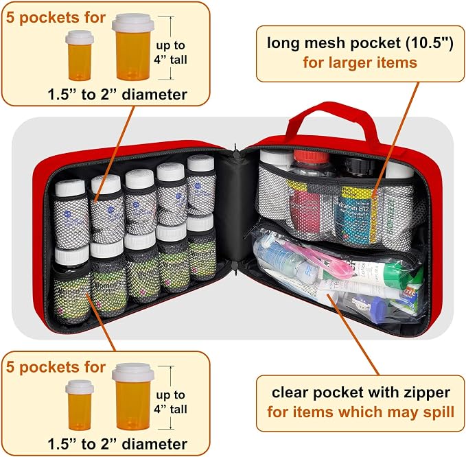 Large Medicine Organizer Bag – 10 Pocket Pill Bottle Organizer for Travel & Home Storage, Red