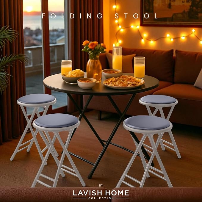 Lavish Home Folding Stool with Padded Backless Seat Set of 4, Gray, 24” | Counter Height Bar Stools with 225lb Capacity, Portable Indoor & Outdoor, Extra Seat for Kitchen, Rec Room or Camping