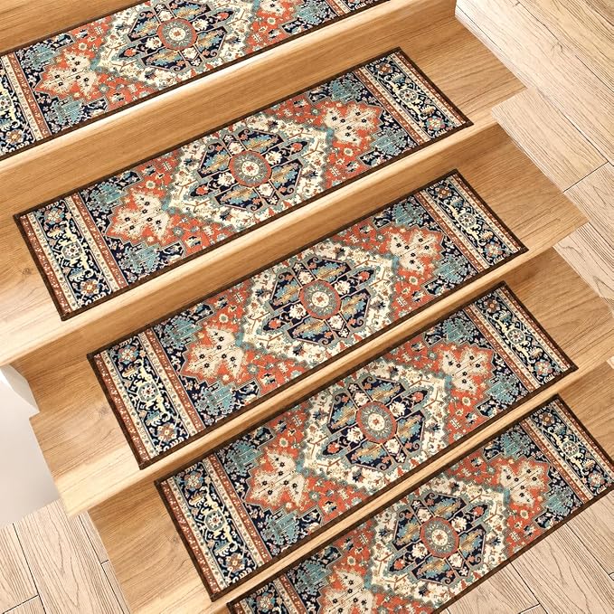 GIB Stair Treads for Wooden Steps Indoor, 15 Pack 8" X 30" Non Slip Carpet Stair Treads with Reusable Adhesive for Kids Elders and Dogs, Boho Vintage Oriental Stair Runner