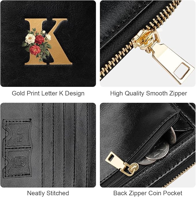 Passport Holder for Travel Personalized Wallet with Wristlet Women | Passport Cover, RFID Blocking, Passport Book Holders, Back Coin Pocket, Zipper Closure, Roses Initial Letter, Black K