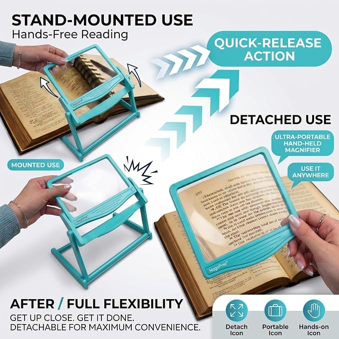 MAGNIPROS 5X Rechargeable LED Page Magnifier with Foldable Stand, Hands-Free Lighted Magnifier with 3 Color Modes, Anti-Glare Lens for Reading Small Print, Low Vision, Seniors, Crafts