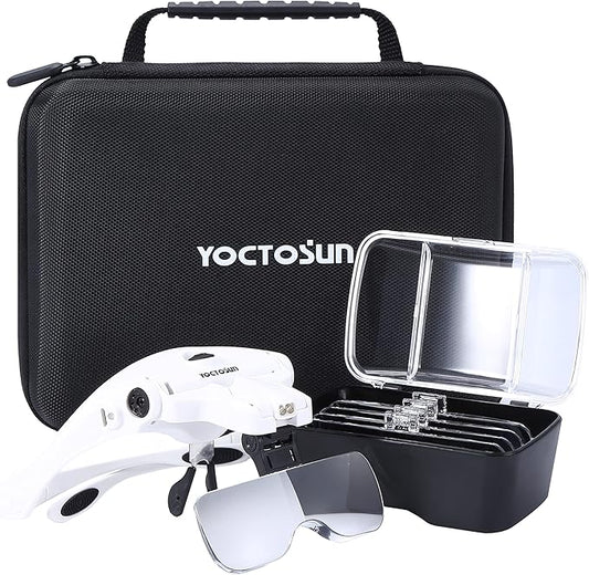 YOCTOSUN Magnifying Glasses with Light, Head Mount Magnifier with 5 Lenses, Headband, Storage Case, Hands Free LED Lighted Head Magnifying Visor for Close Work Hobby Crafts