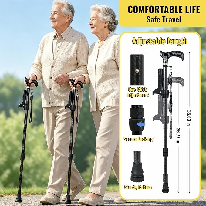 300 LB Heavy Duty Carbon Fiber Folding Walking Cane for Men and Women, Lightweight Adjustable Cane with Second Handle, Collapsible Walking Stick with Travel Bag (Black)