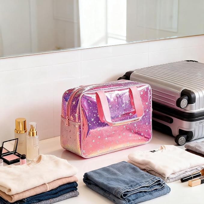 TPU Holographic Pink Star Large Cosmetic Bag 12x5x8 inch Travel Pouch with Handle,Durable Material,Zipper Design-Ideal for Makeup,Travel Essentials (9593-8)