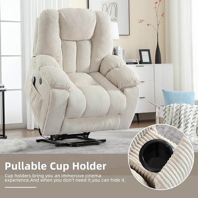 Power Lift Recliner Chair with Massage and Heat for Elderly, Overstuffed Wide Recliners, Heavy Duty and Safety Motion Reclining Mechanism with USB Ports, 2 Concealed Cup Holders, Beige