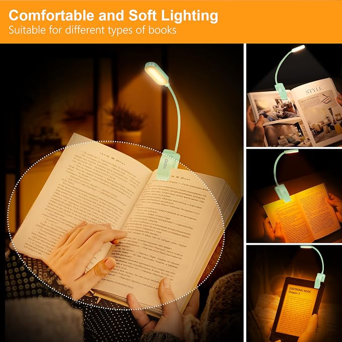 Gritin 16 LED Rechargeable Book Light for Reading in Bed | Eye Caring 3 Color Temperatures, Stepless Dimming Brightness, 80 Hrs Runtime, Lightweight Flexible Clip on Light-Cyan