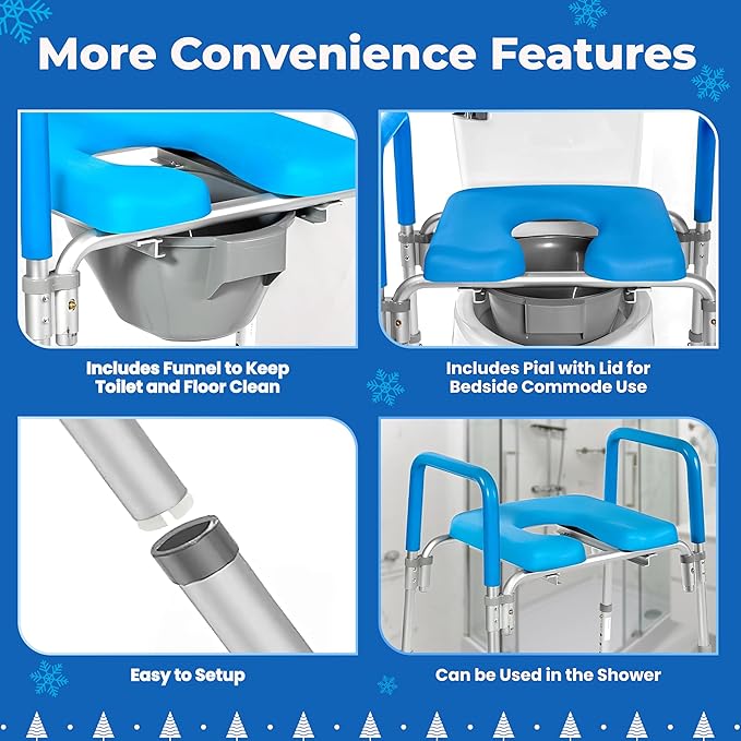 Ultimate Raised Toilet Seat with Handles, Bedside Commode, Padded Armrests, Adjustable Height, Premium Elevated Toilet Seat for Elderly Bathroom Safety with Arms, Standard and Elongated Toilets, Blue