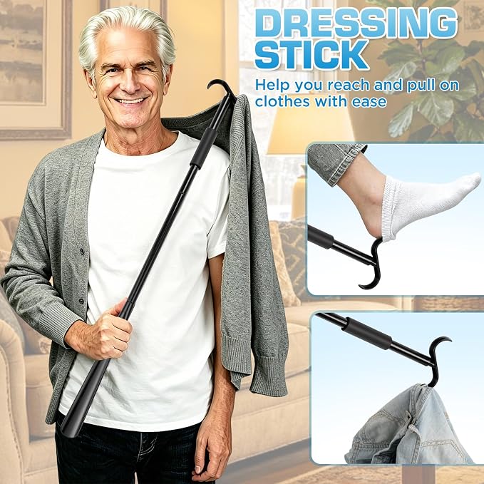 Shoe Horn Long Handle, Dressing Stick with S-Hook, 24-35 Inch Extendable Dressing Aid for Elderly, Disabled, Arthritis, Pregnant Women, No Bending Required (Black)