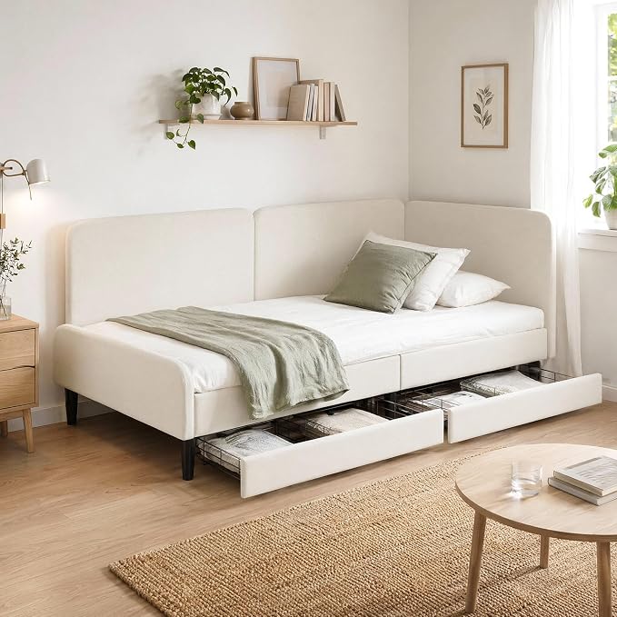 LIKIMIO Twin XL Daybed with 2 Drawers and Converse Headboard, Cream | No box spring needed. Perfect for dorms, studios, guest rooms, and small apartments.