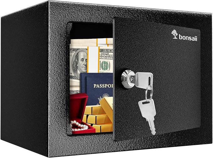 Bonsaii Safe Box with Key Lock, Steel Security Lock Box, 0.23 Cubic Feet, 9.06" W x 6.69" D x 6.69" H, Small Hidden Safe for Cash Jewelry | SPCC steel, 9.06x6.69x6.69 in, pry-resistant door & hidden hinges, pre-drilled for shelf/drawer/closet, includes...