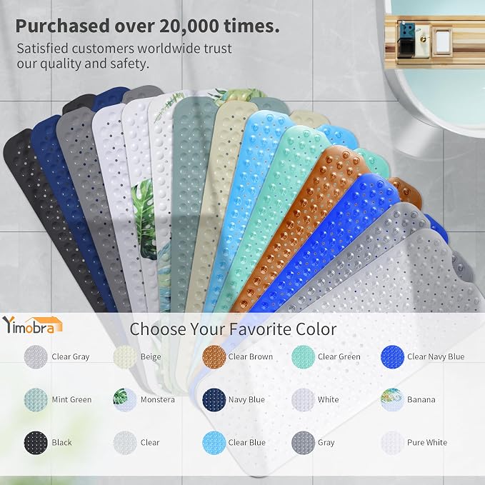 Yimobra Non Slip Bathtub Mat 40 x 16 Inch, Extra Long Shower Mat with Drain Holes, Machine Washable Baby Bath Mats, Strong Suction Cups for Bathroom Floor, Monstera