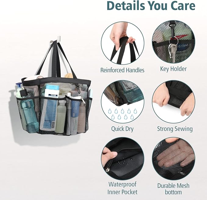 Mesh Shower Caddy Portable - 2 Packs, Extra Large Shower Bag for Dorm | 2 Pack, S-Hook, Quick-Dry, Hanging Toiletry Organizer, College Dorm Room Essentials for Girls, Gym, Travel & Bathroom, Black