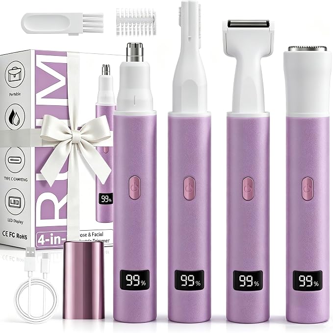 RUIM Electric Nose Hair Trimmer for Women, 4-in-1 Painless Facial Grooming Kit with Eyebrow Trimmer, Nose & Ear Trimmer, Facial Shaver - USB-C Rechargeable, Waterproof, LED Display