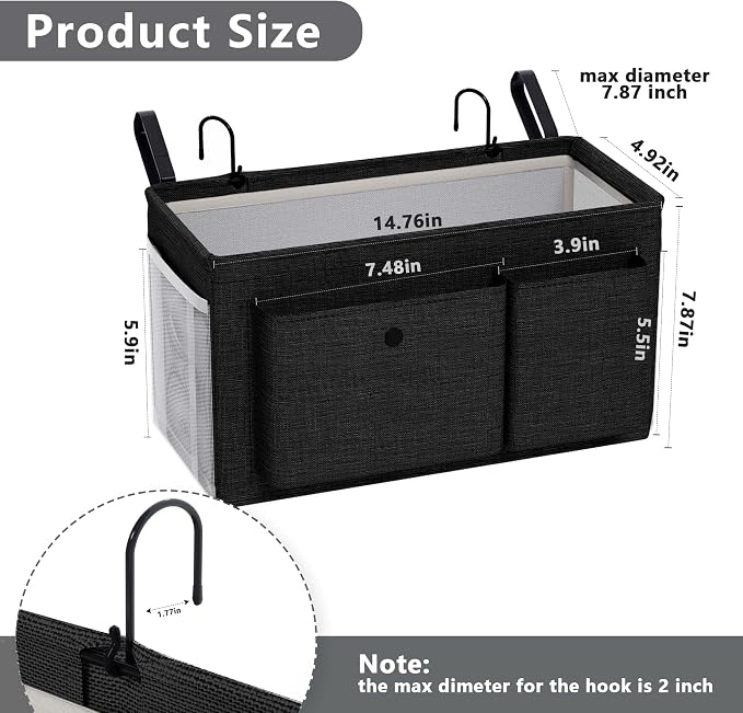 Bedside Caddy Bedside Storage Hanging Organizer for Bunk Dorm Bed Rail | Bed Caddy with Hooks, Top Bunks and Dorm Essentials for Water, Tissues, Tablets, Books, Phones, Remotes and Other Necessories