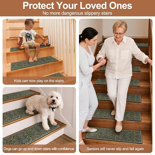OJIA Stair Treads Landing Mat Non-Slip Stair Runners for Wooden Steps | 31"x31" Floral Carpet Stair Treads Matching Rug Stair Mats Staircase Step Treads for Kids, Elders, Dogs, Stair Covers, Green
