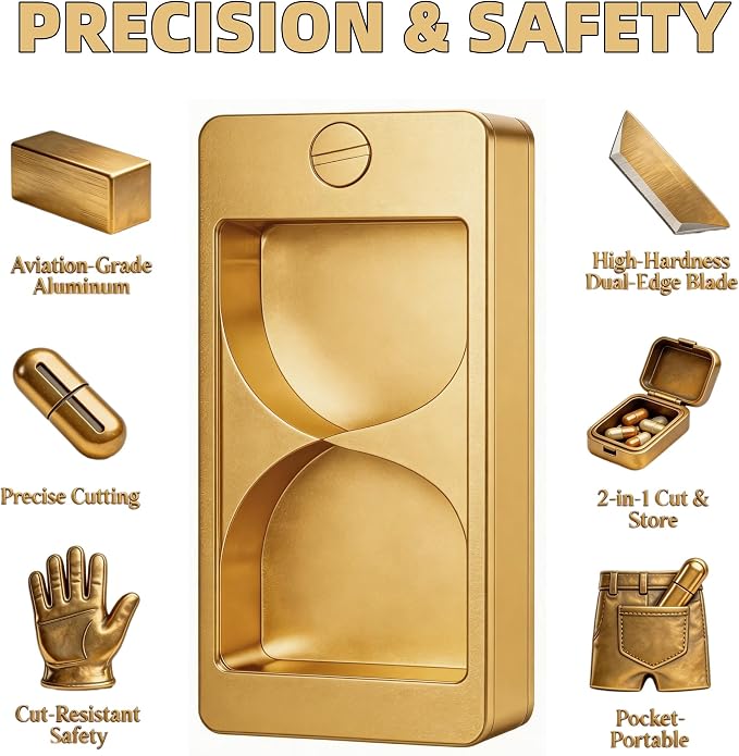 Professional Pill Cutter & Splitter - Precision Aluminum Tablet Slicer for Small, Large & Tiny Tablets | Cortador for Accurate Medicine & Vitamin Doses (Gold)
