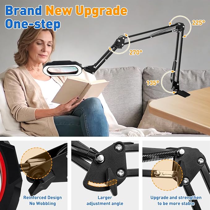 12X Rectangle 3-Section Magnifying Glass with Light and Clamp-Red | 5 Color Mode & Stepless Dimming LED Lamp, 4-Way Desk Clip, Ultra Long Lighted Magnifier for Workbench Craft Soldering Sewing