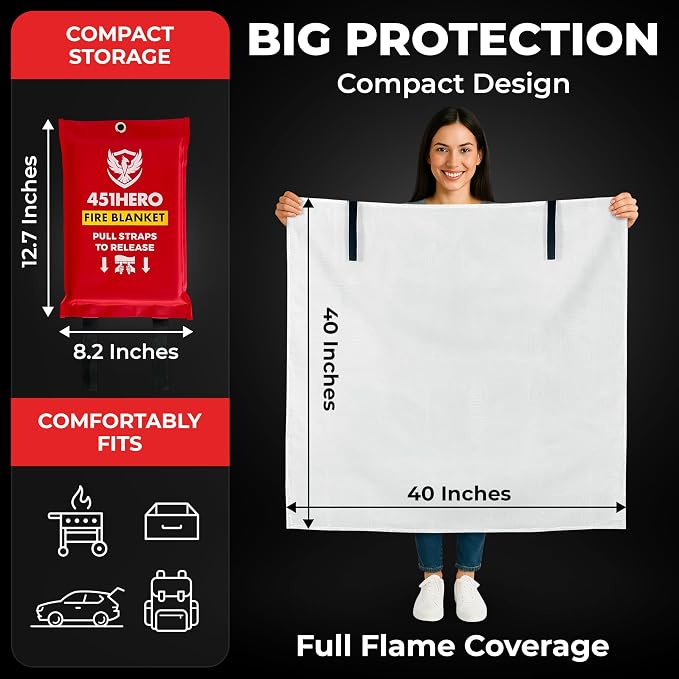 Emergency Fire Blanket – 4 Pack, Triple Certified, Comfort Weave Skin-Safe Fiberglass, Fire Blankets for Home, Kitchen, RV, Camping & Emergency Kits | Multi-Zone Fire Protection for Families