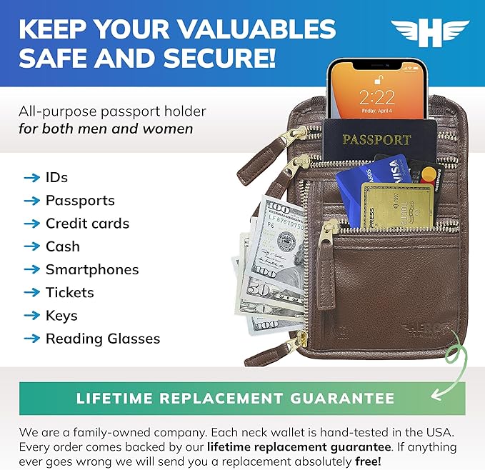 HERO Neck Wallet - RFID Blocking Passport Holder, Easy to Conceal Travel Pouch (Vegan Leather Brown)
