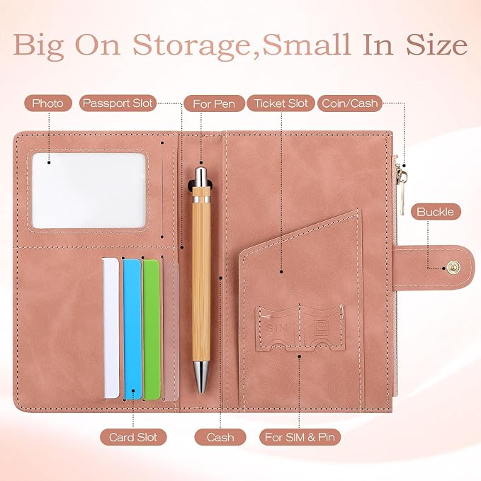 Leather Passport Holder with RFID Blocking,Slim Travel Passport Wallet Case | with Card Slots, Boarding Pass Holder, Pen Loop & SIM Card Trays, Cute Passport Cover for Women Men Family, Pink