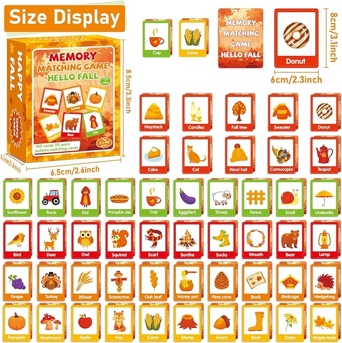 gisgfim 100 PCS Fall Memory Matching Game Thanksgiving Happy Fall Concentration Memory Games for Kids Educational Ages 3-8 A Fun & Fast Autumn Theme Memory Matching Games