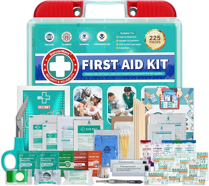 SuccorWare 225 Pieces First Aid Kit, Includes Ice Pack, Adhesive Bandages, Wound Gauze Pads, Portable First Aid Bag for Home, Car, Business, Travel, Outdoor Emergency Medical Kits