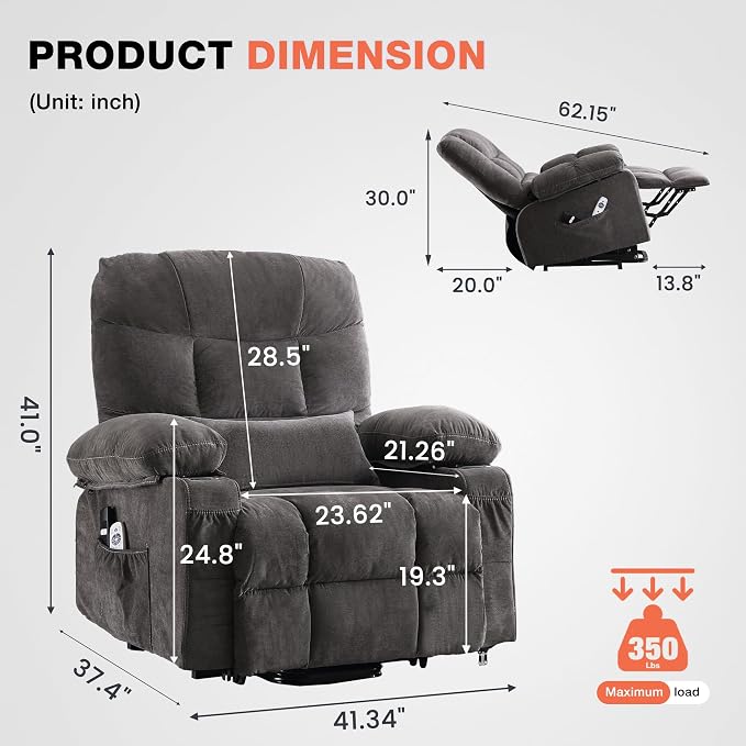 MAHOMICO Power Lift Recliner Chair for Elderly with Vibration Massage and Lumbar Heating,Electric Lift Recliner Single Sofa with Side Pocket,Two Cup Holders and USB Charge Port for Living Room
