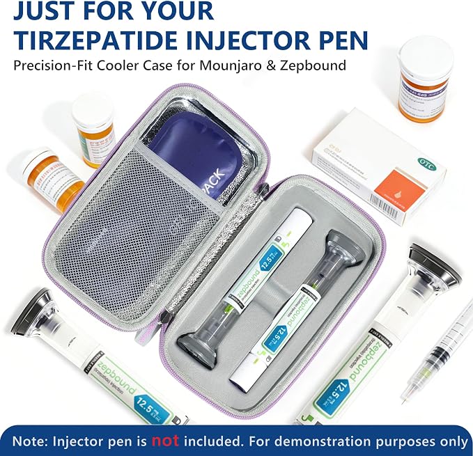 Portable Insulated Cooler Travel Case Fits 2 Zepbound Injector Pens, Tirzepatide Travel Case TSA Approved with 2PCS Reusable Ice Packs, EVA Medicine Organizer for Daily Use (Purple, Big)