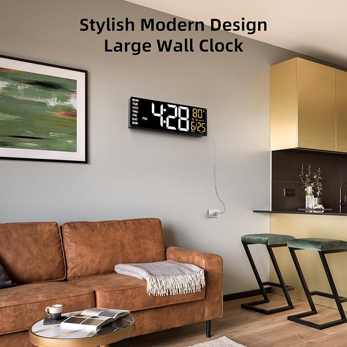 EASYERA 16.5" Large Digital Wall Clock with Anti-Glare Display, RGB Lights with 10 Scenes Mode Remote Control, Adjustable Brightness, Dual Alarms, Auto DST, BT Sync, Temperature for Living Room
