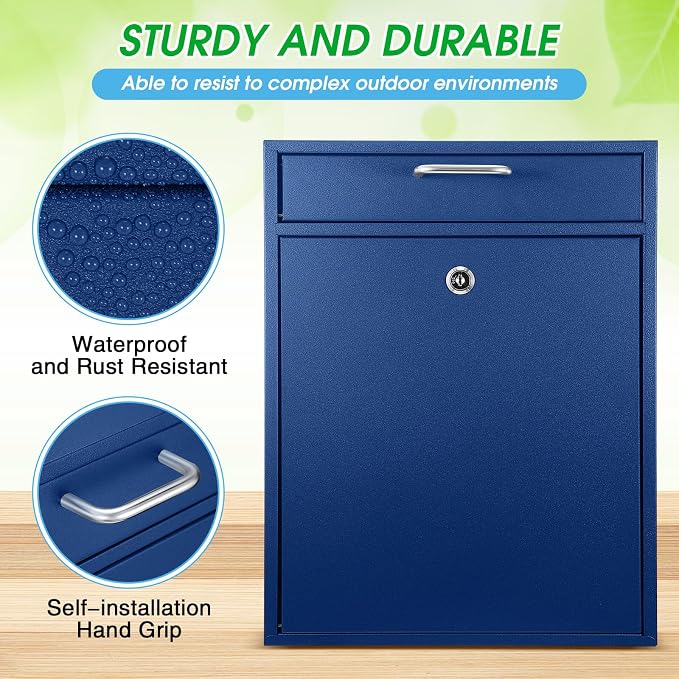 Yaocom Locking Mailbox with Key for Outdoor 18 x 15 x 7 Inches Large Wall Mount Mail Box with Lock Security Mail Drop Metal Collection Boxes Hanging Secure Postbox(Dark Blue)