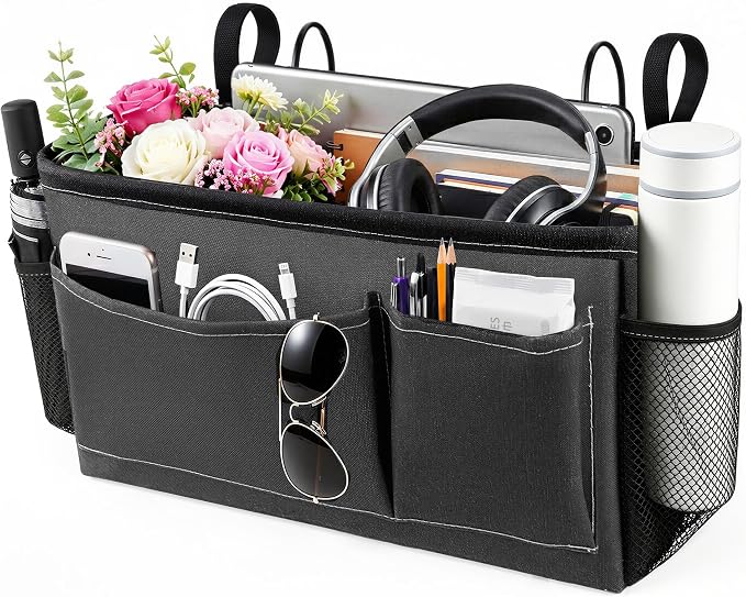 Bedside Caddy for Dorm Bed, Bedside Storage Bag Hanging Organizer | Metal Frame, Water-Resistant Lining, Fits Bed Rails up to 2.2 In, Adjustable Straps, Bunk and Hospital Beds(1 Pack, Dark Grey