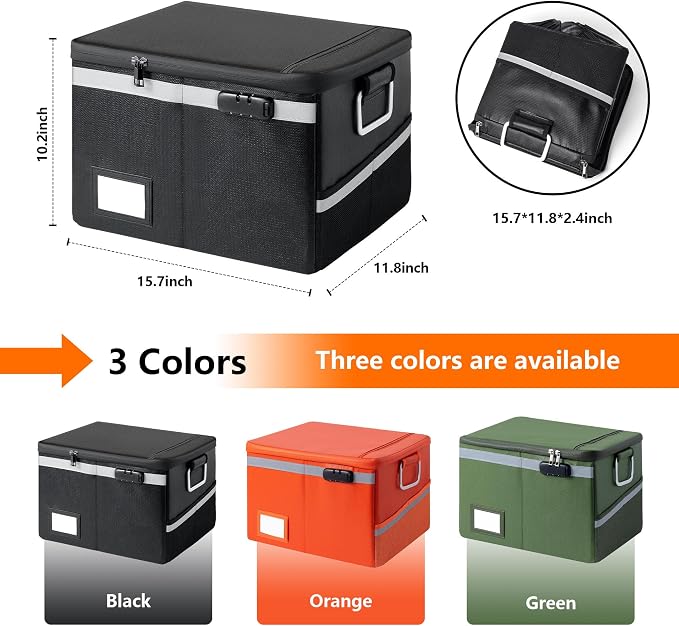 Fireproof Waterproof Document Box with Lock Collapsible Portable File Organizer Hard Shell Storage for Hanging Letter Legal Folders Home Office Safe Orange 15.7x11.2x10.2in