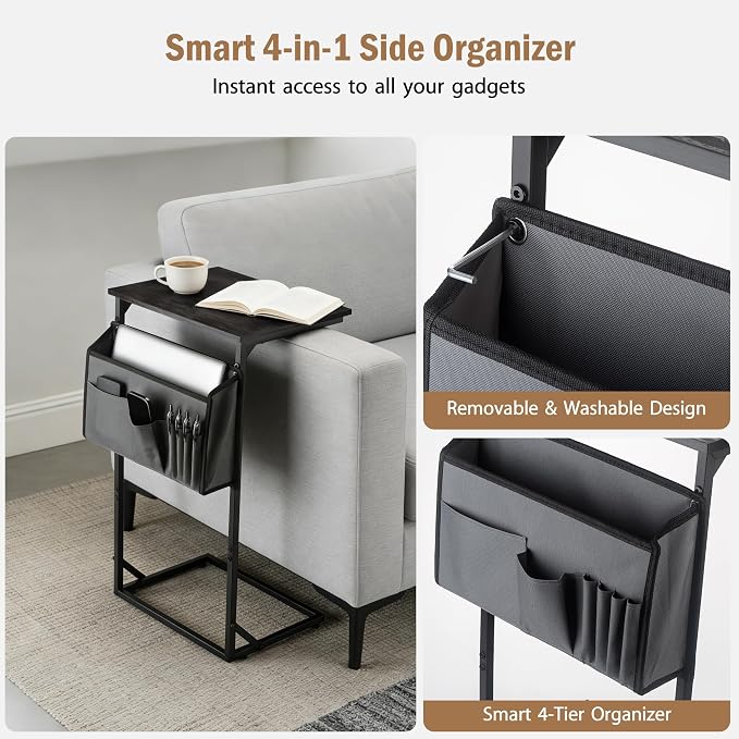 C Shaped End Table for Couch, Small Side Table for Living Room & Bedroom, Slide Under Sofa Table for Laptop, Coffee, Snacks, Easy Assembly, Modern Design