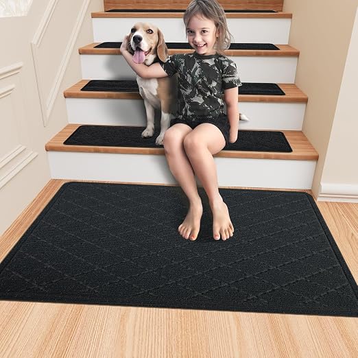 KOOTETA Stair Treads Non Slip Landing Rug for Wooden Steps Indoor, Peel and Stick Stair Treads Matching-Mat 20"X32" Landing Slip Resistant Stair Rugs for Kids and Dogs, Black